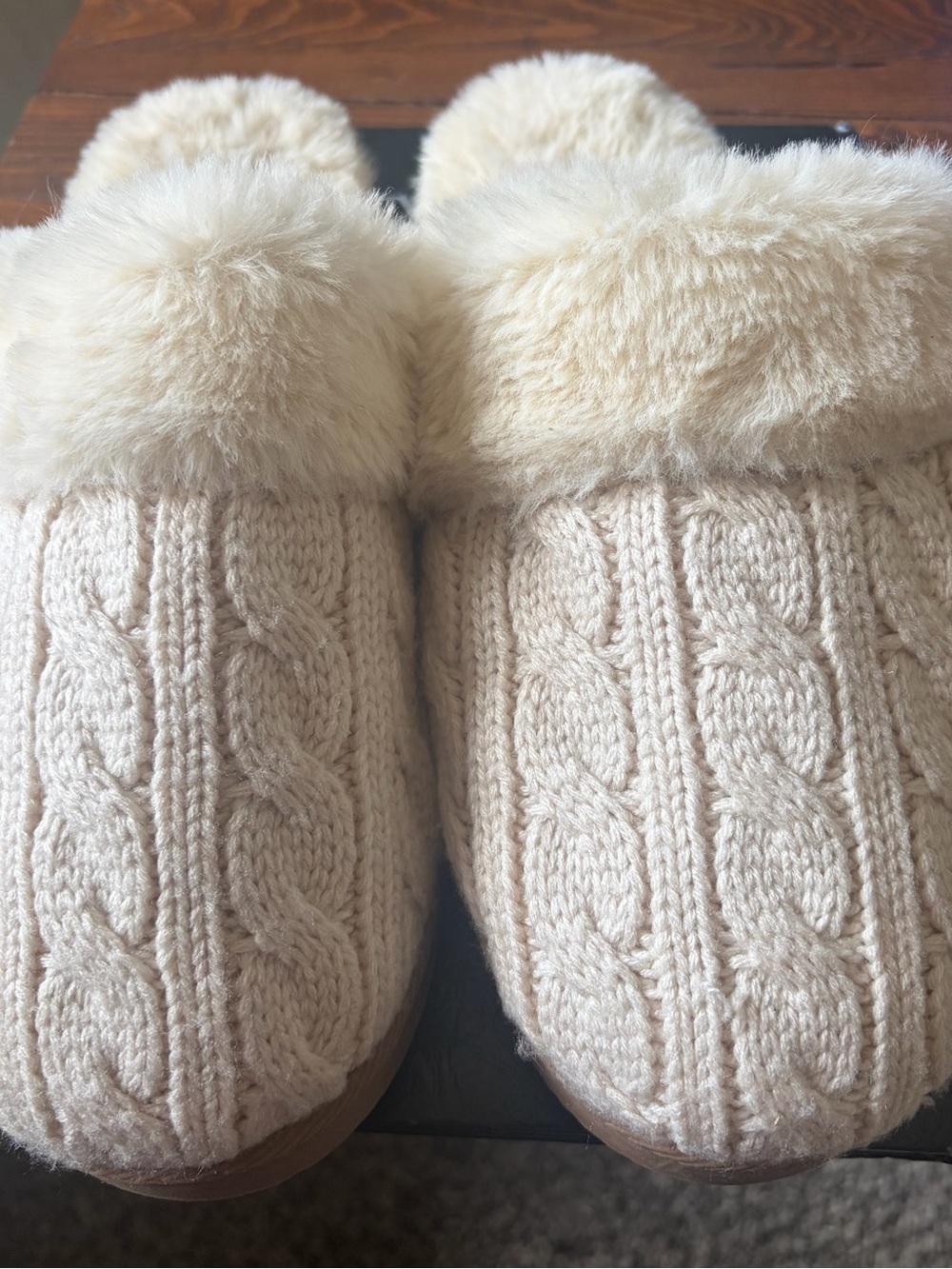 J. Crew Kids Cable Knit Fur-Trim Slippers - Cream